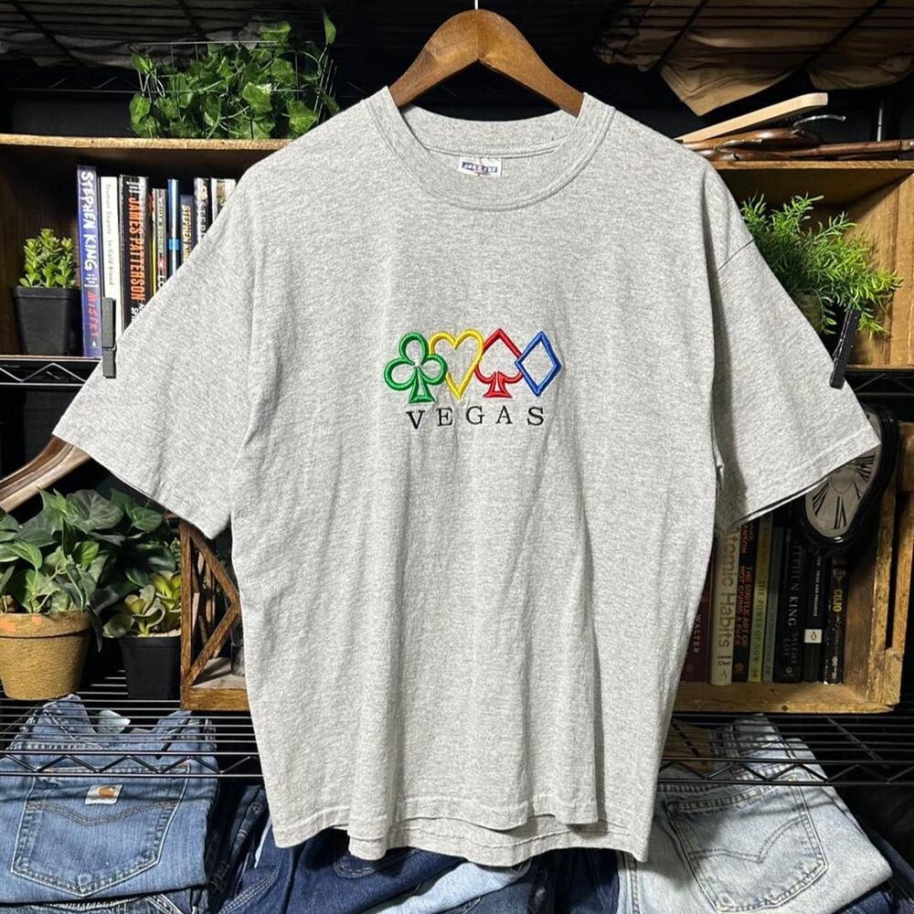 Vintage Y2K Las Vegas Embroidered Boxy Tee Shirt Mens XL Gray Cards Gambling
